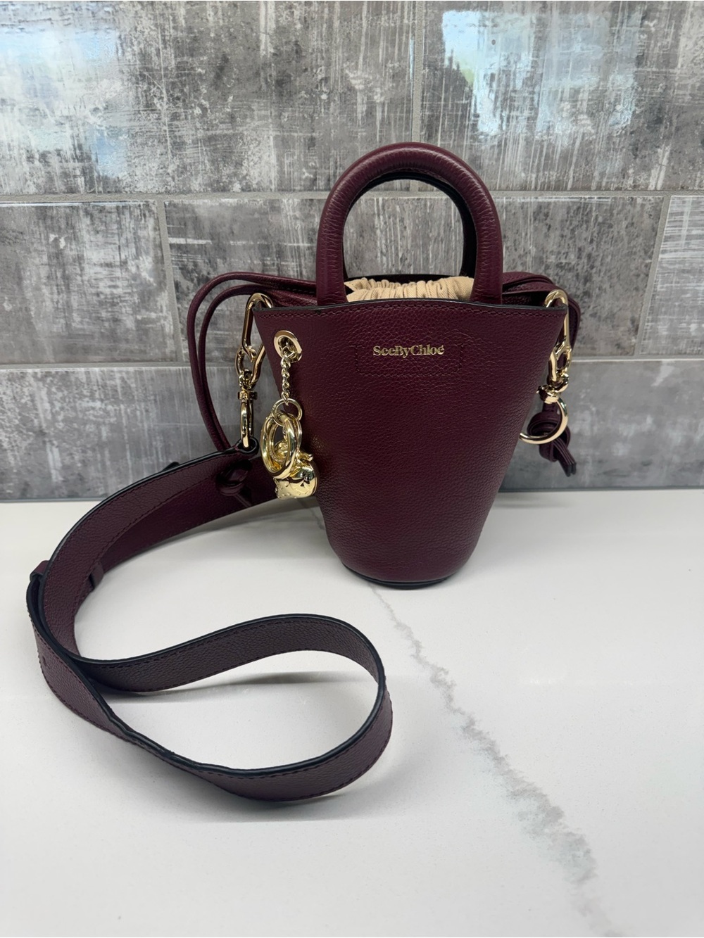 See By Chloe Burgundy Leather Mini Bucket Bag with Gold Hardware
